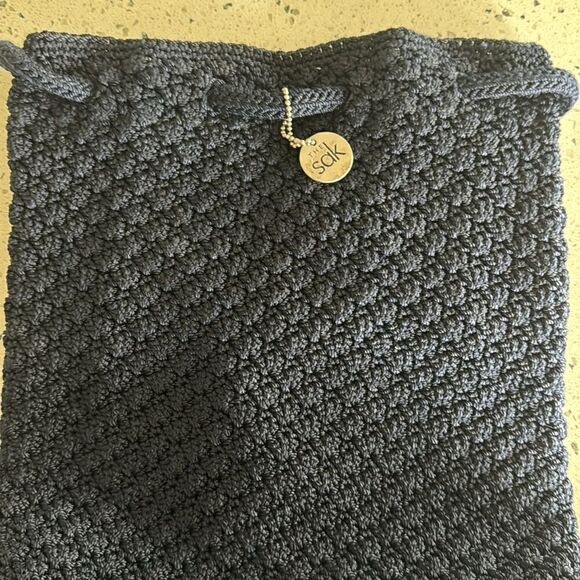 The Sak Crochet Navy Blue Backpack Drawstring Shoulder Bag Handmade EUC